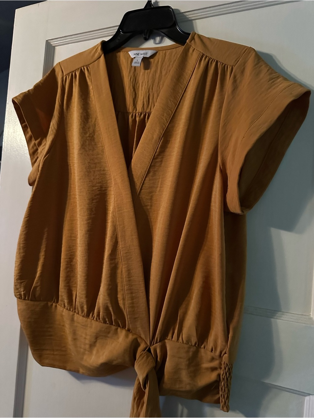 Nine West Mustard Tie-Front Short Sleeve Blouse